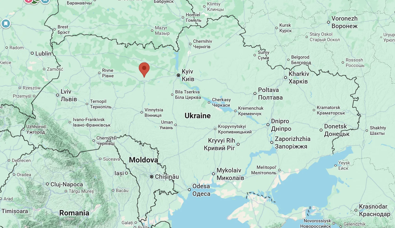 Map showing the location of Cherniakhiv in Zhytomyr Oblast, northern Ukraine.