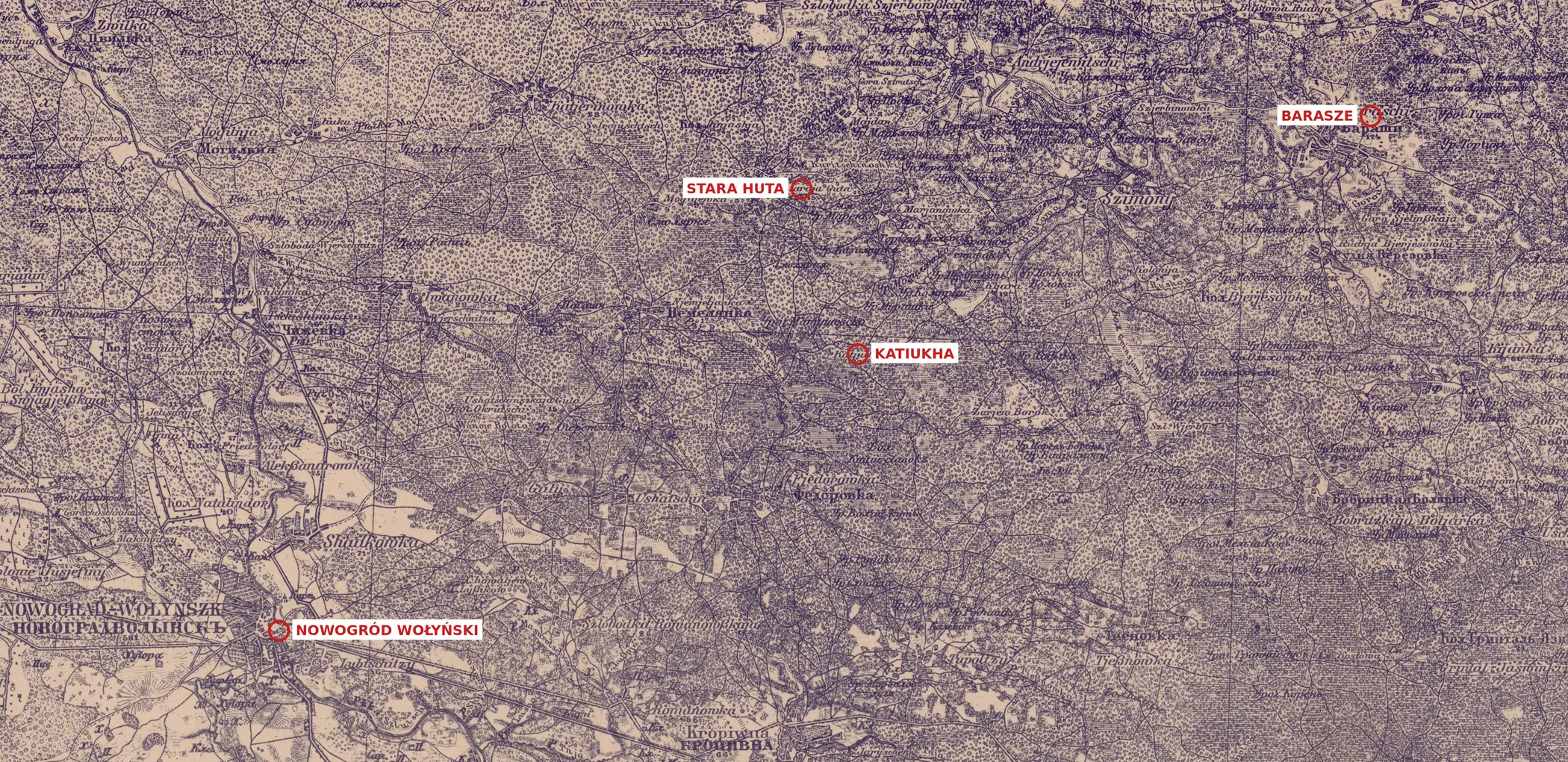 Detail from a 1916 German General Staff survey map of the Nowograd Wolyńsk sheet, annotated with four ringed labels: Nowogród Wołyński at the lower left, Katiukha in the centre, Stara Huta above it, and Barasze at the upper right. The country between them is largely forest and marsh, crossed by unpaved roads.