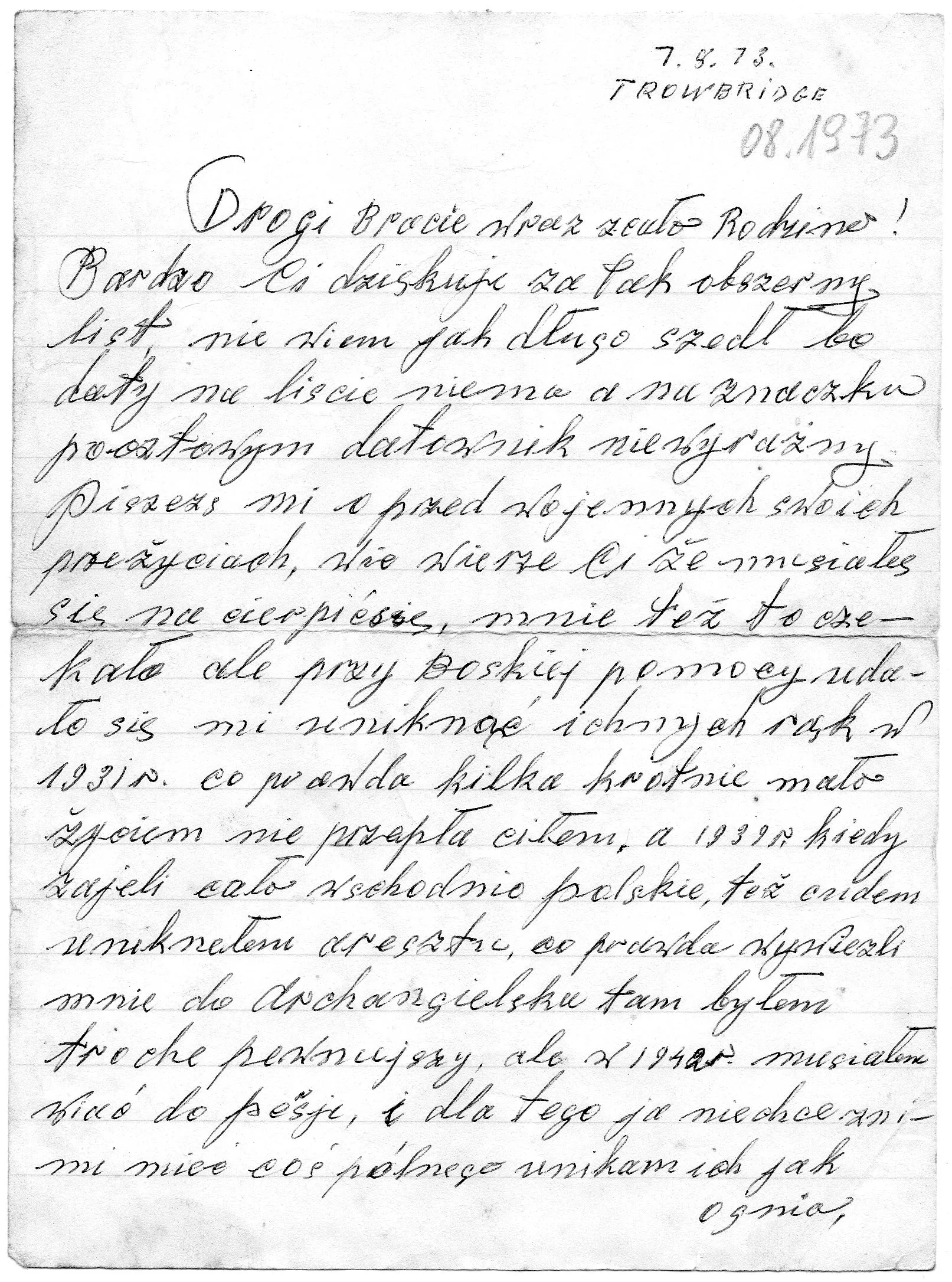 A handwritten Polish letter from Antoni Czerniachowicz to his cousin Bolesław, dated 7 August 1973, Trowbridge. The cursive script fills the page in dark ink.