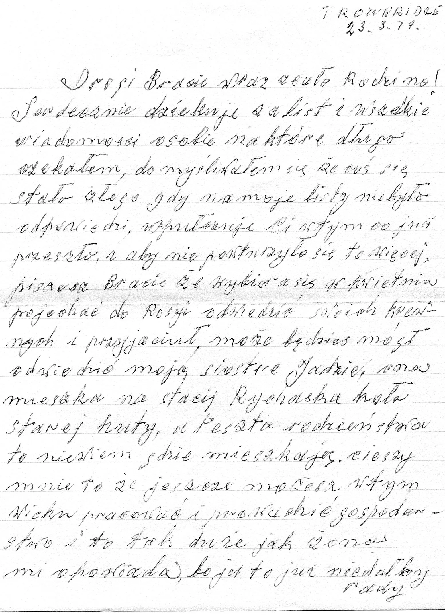 A handwritten Polish letter from Antoni Czerniachowicz to his cousin Bolesław, dated 23 March 1979, Trowbridge. The cursive script is more cramped and uneven than the 1973 letter, reflecting Antoni’s worsening arthritis.