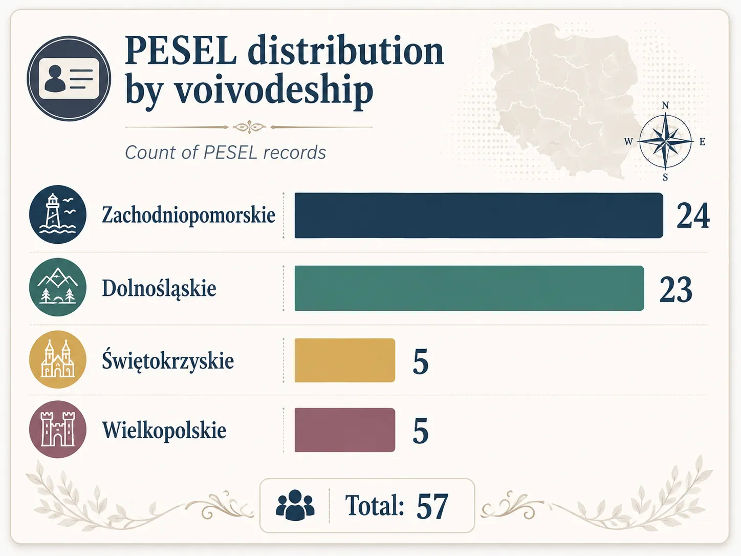 Bar chart showing Czerniachowicz bearers by Polish voivodeship: Zachodniopomorskie 24, Dolnośląskie 23, Świętokrzyskie 5, Wielkopolskie 5, with smaller counts elsewhere.