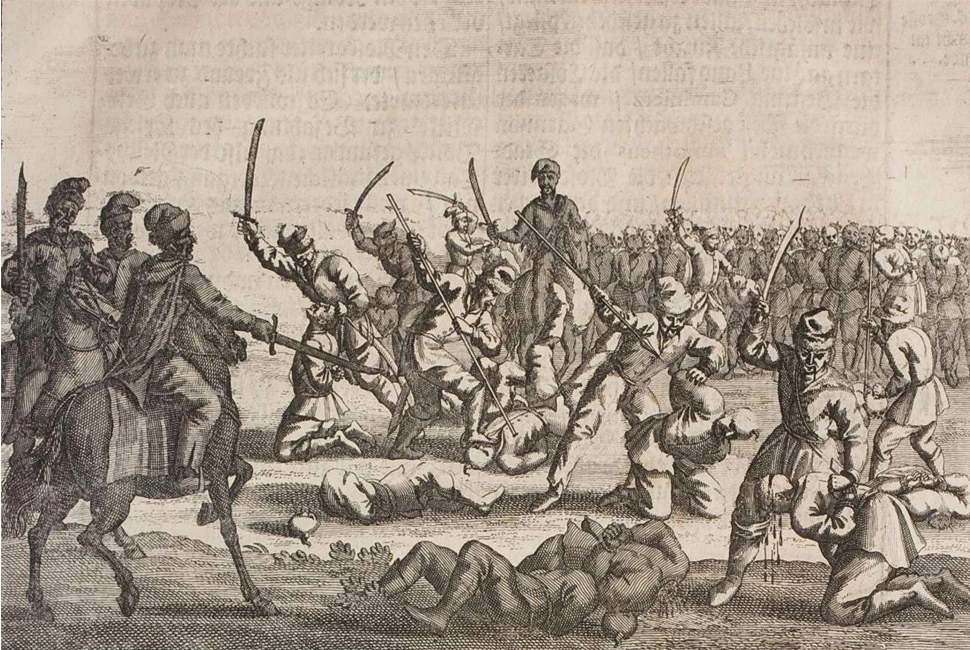 A painting of a massacre of 8,000 Polish captives after the Battle of Batih in 1652.