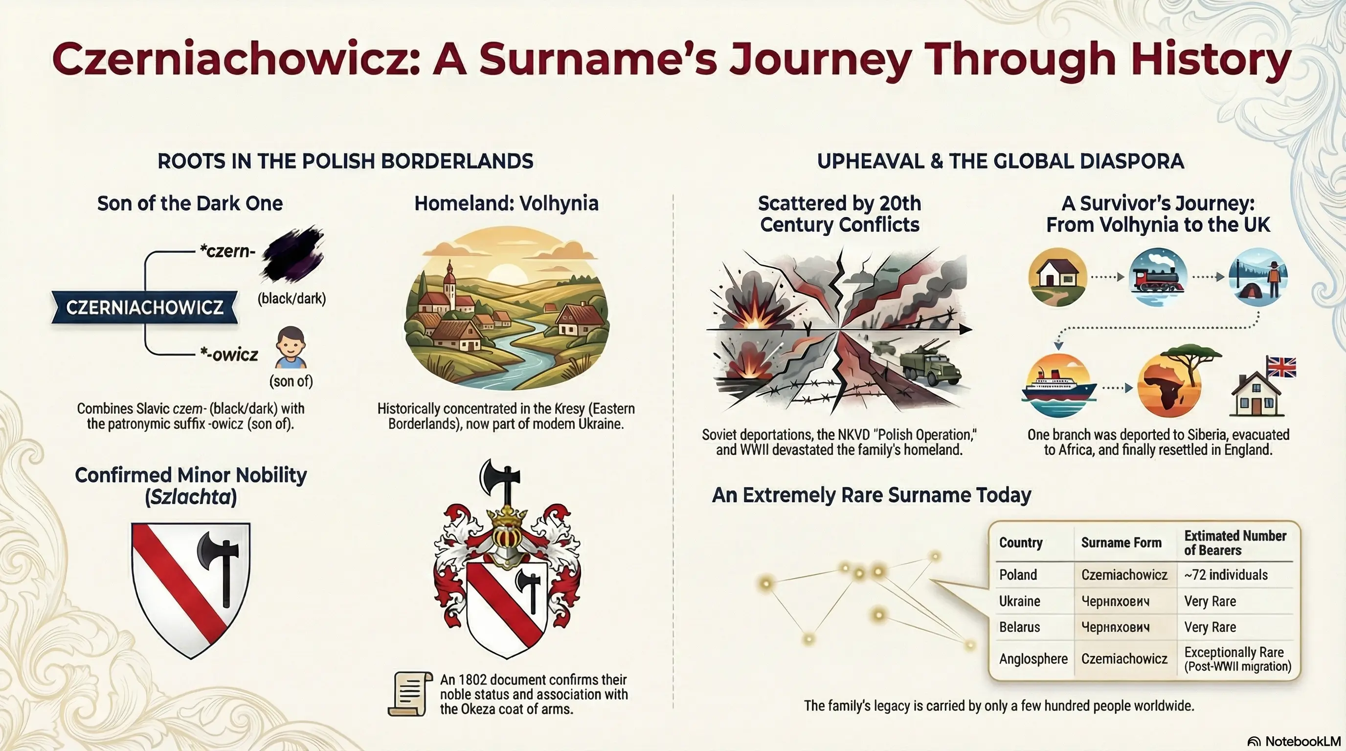 Infographic summarising the Czerniachowicz surname: Slavic etymology, Volhynia roots, minor nobility, 20th century upheaval, diaspora, and modern rarity.